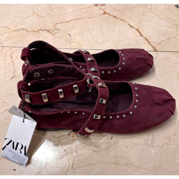 🍷 ZARA Leather Studded Ballet Flats NWT | Burgundy Suede Buckle Strap 7.5–8 - Picture 11 of 16